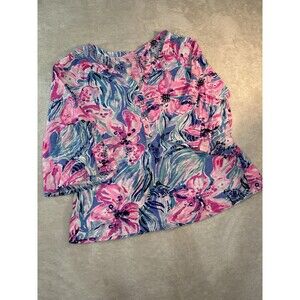 Lilly Pulitzer Top Women Large Blue Pink Floral Bell Sleeve Shirt Gold Buttons